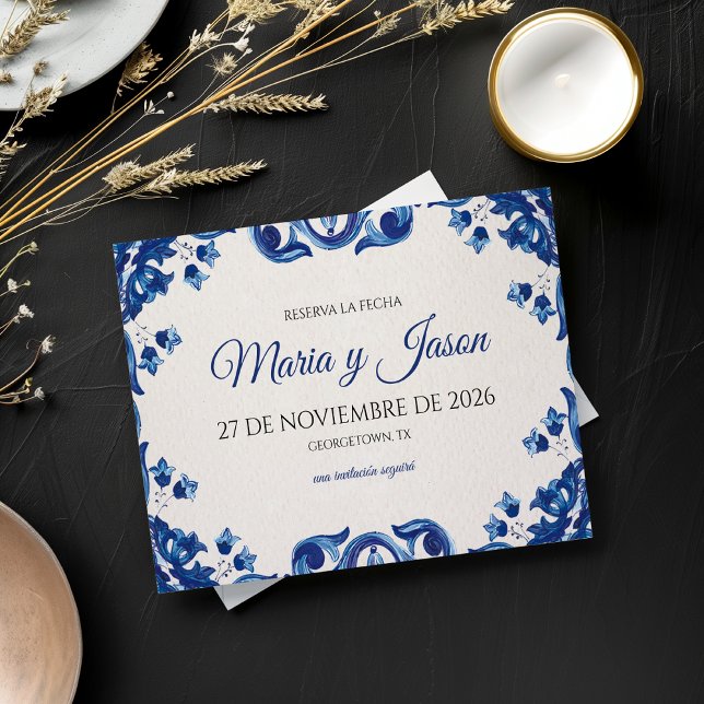 Blå Blommig Elegant Fiesta Spansk Bröllop Spara Datumet (Blue Floral Elegant Fiesta Spanish Wedding Save The Date)