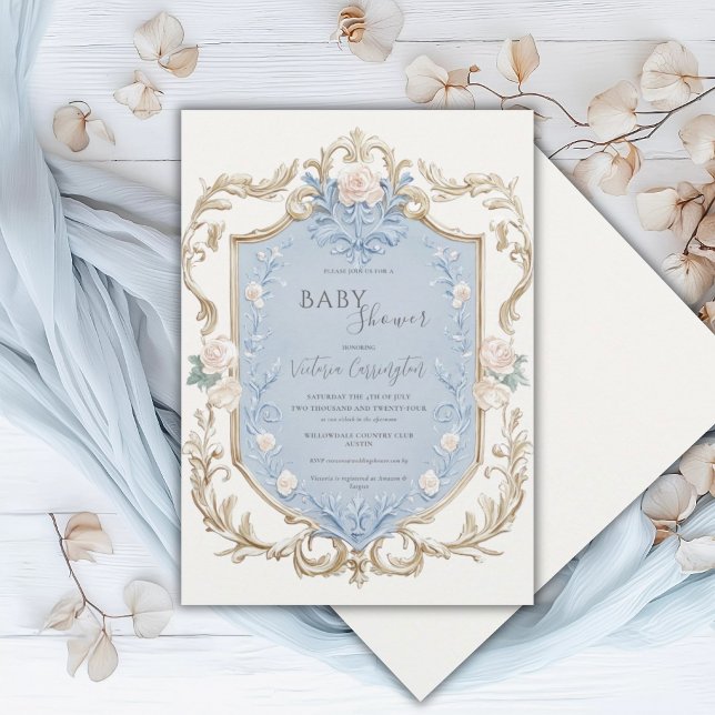 Blå Blommig Elegant Guld Ram Baby Shower  Inbjudningar (Skapare uppladdad)