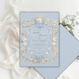 Blå Blommig Elegant Guld Ram Babyshower Inbjudningar