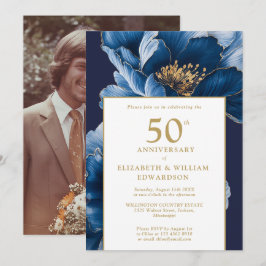 Blå Blommig Elegant Modern 50-årsjubileumsfoto Inbjudningar
