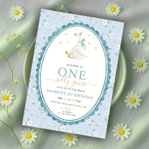 Blå Blommig En Dum Gås Pojke 1-årsdag Inbjudningar