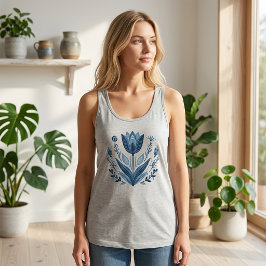Blå Blommig Estetisk Boho Tanktop Kvinnor Linne Med Racerback