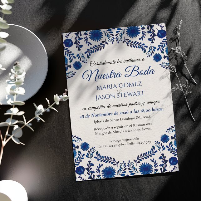 Blå Blommig Estetisk Botanisk Spansk Bröllopsfest Inbjudningar (Blue Floral Aesthetic Botanical Spanish Wedding Invitation)