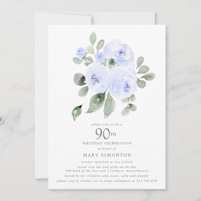 Blå Blommig Eukalyptus 90-års Födelsedagsfest Inbjudningar (Framsida)