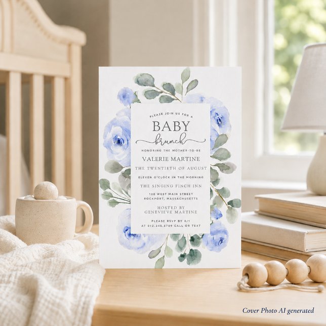 Blå Blommig Eukalyptus Baby Brunch Inbjudan (Skapare uppladdad)