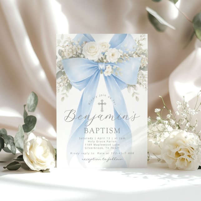 Blå Blommig Eukalyptus Båge Pojke Dop Inbjudningar (Skapare uppladdad)