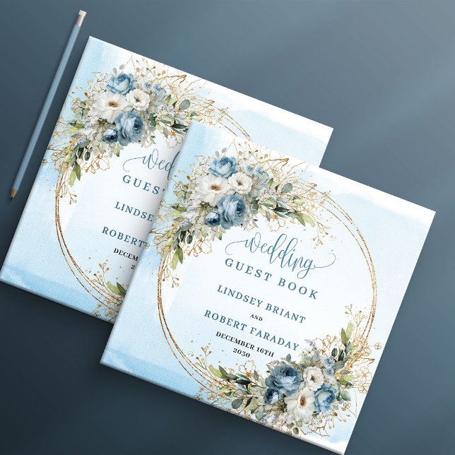 Blå Blommig Eukalyptus Guld Bröllop Sign In Bok (Blue Floral Eucalyptus Gold Wedding Sign In Book)