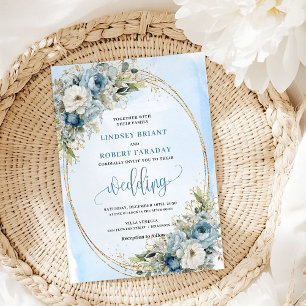 Blå Blommig Eukalyptus Guld Glitter Bröllopsinbjud Inbjudningar