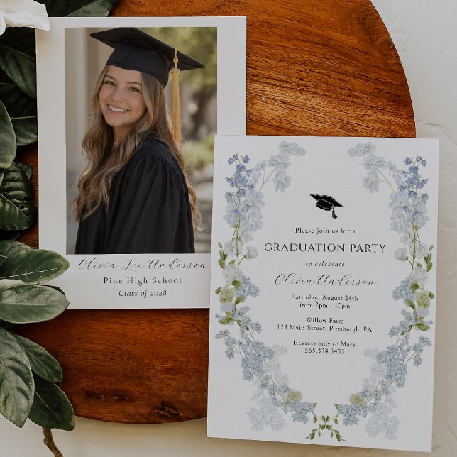 Blå Blommig Examen Inbjudan med Foto (Skapare uppladdad)