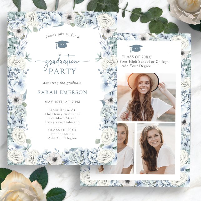 Blå Blommig Examen Inbjudningar (Watercolor Blue Floral Graduation Party Invitation Photo Collage by Painted Paperie
)