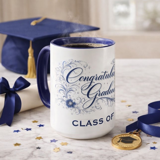 Blå Blommig Examenstext med Anpassat År Mugg (Skapare uppladdad)