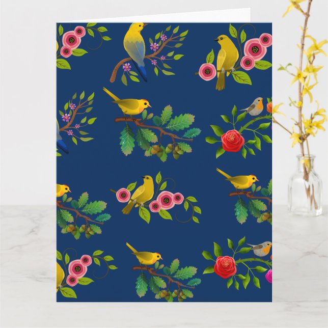 Blå Blommig Fågeltryck  Kort (Gul blomma)