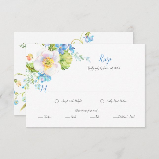 Blå Blommig Fantasy Blommig Måltidsval RSVP OSA Kort (Fram/baksida)