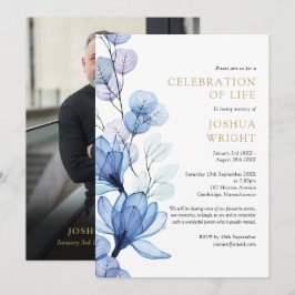 Blå Blommig Firande Av Livets Begravningsfoto Inbjudningar