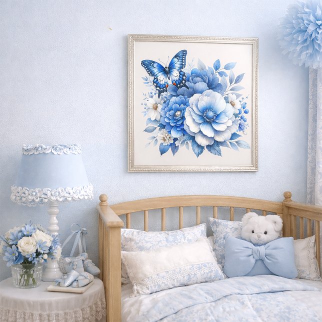 Blå Blommig Fjäril Cottage  Poster (Dusty and navy blue floral and butterfly wall art)