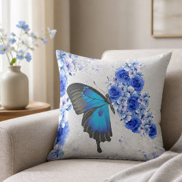 Blå Blommig Fjäril Fyrkantig Kudd Kudde