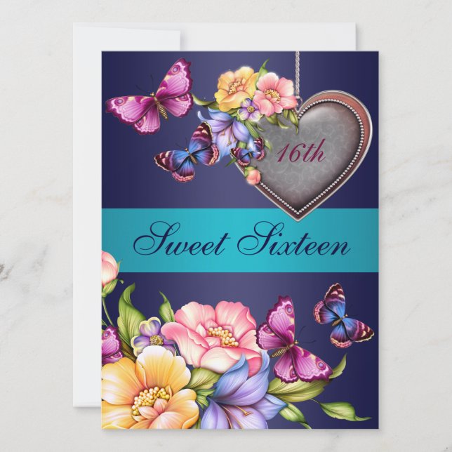 Blå Blommig Fjäril Sweet16 Födelsedagsinbjudan Inbjudningar (Framsida)