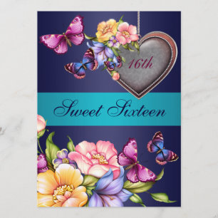 Blå Blommig Fjäril Sweet16 Födelsedagsinbjudan Inbjudningar
