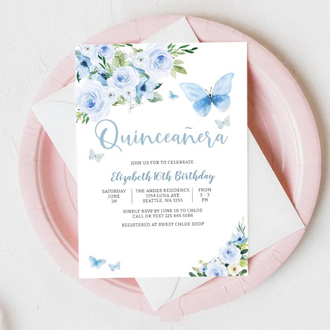 Blå Blommig Fjäril Sweet 16 Inbjudan (Skapare uppladdad)