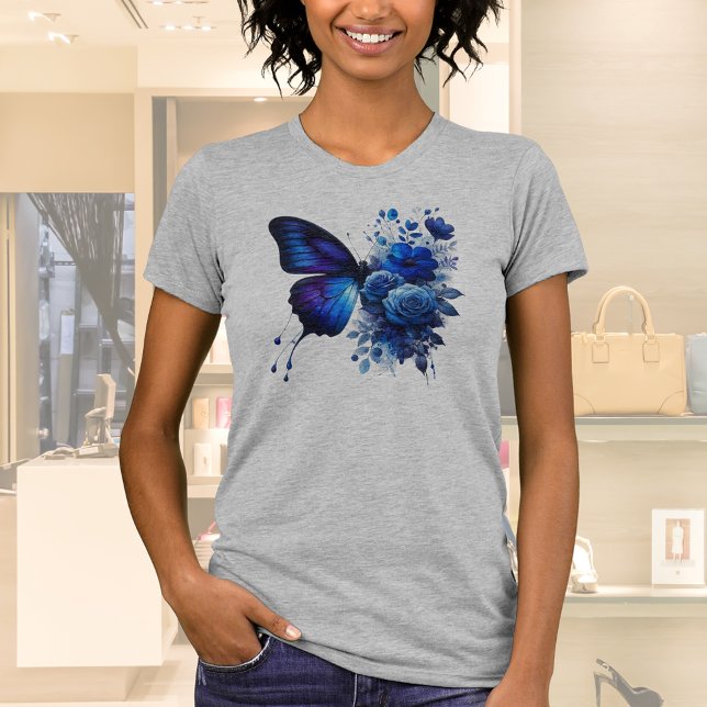 Blå Blommig Fjäril T Shirt (Skapare uppladdad)