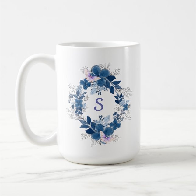 Blå Blommig Fjärilsmugg Kaffemugg (Vänster)
