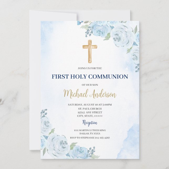 Blå Blommig Första Kommunion Inbjudan (Framsida)