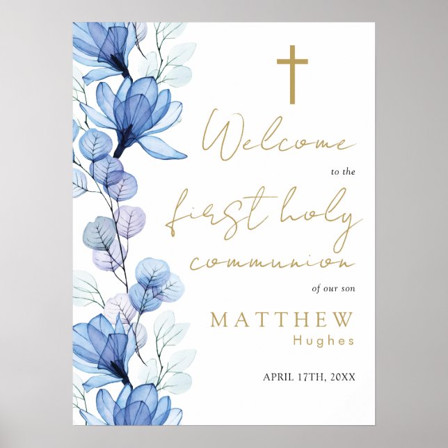 Blå Blommig Första Nattvards Välkomstskylt Poster (Framsidan)