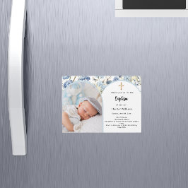 Blå blommig foto båge pojke dop magnetisk inbjudningskort