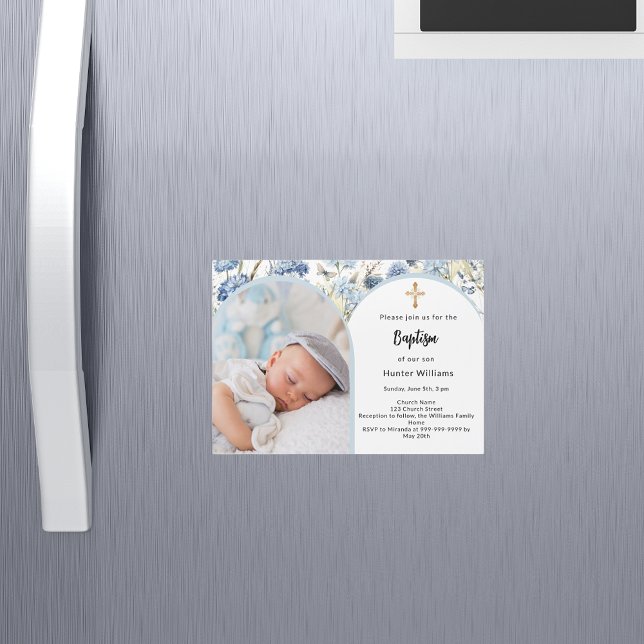 Blå blommig foto båge pojke dop magnetisk inbjudningskort (Skapare uppladdad)