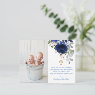Blå Blommig Foto Tvillingar Guld Kors Dop Tack Kort