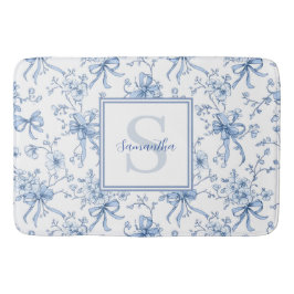 Blå Blommig Fransk Toile Monogram Namn  Badrumsmatta