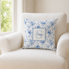 Blå Blommig Fransk Toile Monogram Namn Kudde