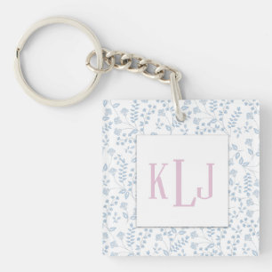 Blå Blommig Fyrkantig Nyckelring (dubbelsidig)