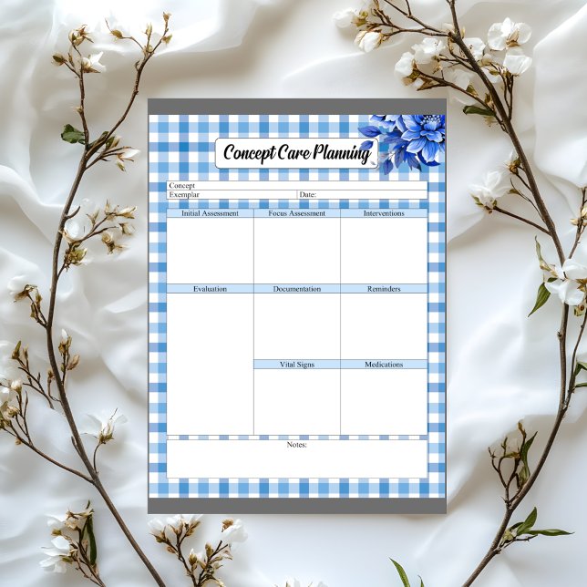 Blå Blommig Gingham_ Koncept Vårdplanering Anteckningsblock (Skapare uppladdad)
