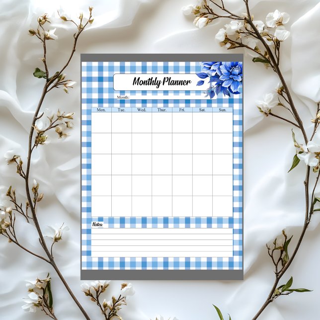 Blå Blommig Gingham _ Månadsplanering Anteckningsblock (Skapare uppladdad)