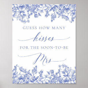 Blå Blommig Gissa Hur Många Kyssar Bröllopsskylt Poster