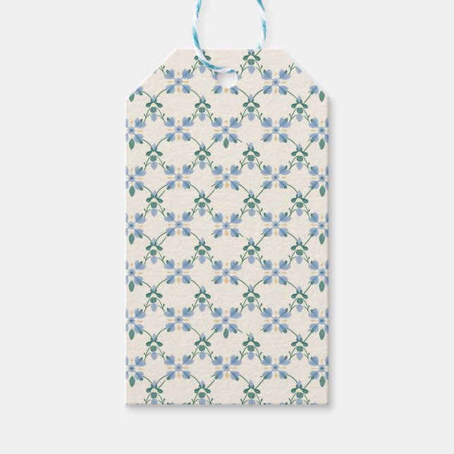 Blå Blommig Gitter Trädgårdsmönster Presentkort Presentetikett (Framsidan)