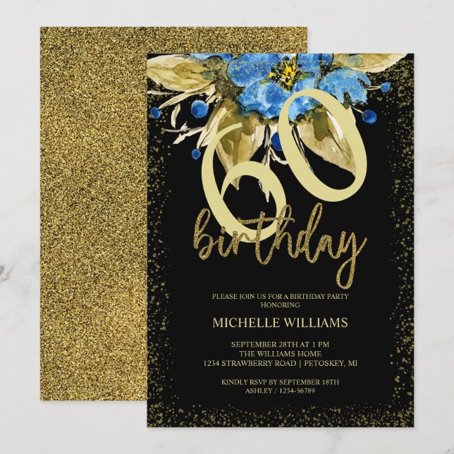 Blå Blommig Glitter Guld Kalligrafi Födelsedag Inbjudningar (Fram/baksida)