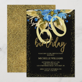 Blå Blommig Glitter Guld Kalligrafi Födelsedag Inbjudningar