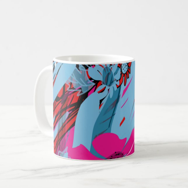 Blå Blommig Graffiti Mugg | Färgrik Urban  (Framsida vänster)