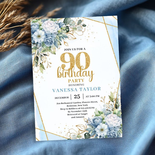 Blå Blommig Guld Glitter 90-årsfirande Inbjudningar (Blue Floral Gold Glitter 90th Birthday Celebration Invitation

)