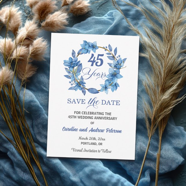 Blå Blommig Guld Ram 45-års Bröllopsdag Spara Datumet (Skapare uppladdad)