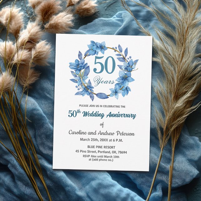  Blå Blommig Guld Ram 50-års Bröllopsjubileum  Inbjudningar (Skapare uppladdad)