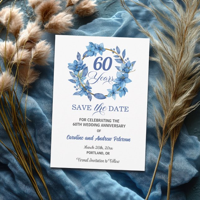 Blå Blommig Guld Ram 60-års Bröllopsdag Spara Datumet (Skapare uppladdad)
