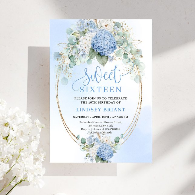 Blå Blommig Guld Script Sweet 16 Födelsedagsinbjud Inbjudningar (Script Blue Floral Gold Sweet 16 Birthday Invitation)