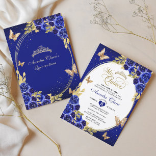 Blå Blommig Guld Tiara Fjäril Mis Quinceañera Inbjudningar