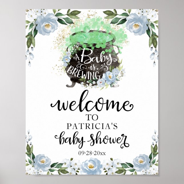 Blå Blommig Halloween Baby Shower Välkomstskylt  Poster (Framsidan)