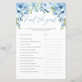 Blå blommig hitta gäst bröllopsdusch spel boho