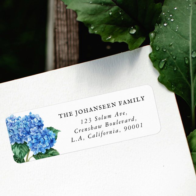 Blå Blommig Hortensia Grönska Returadress Etikett (Skapare uppladdad)