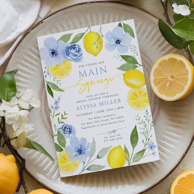 Blå Blommig Huvudsaklig Press Lemon Bröllopsdusch Inbjudningar (Skapare uppladdad)